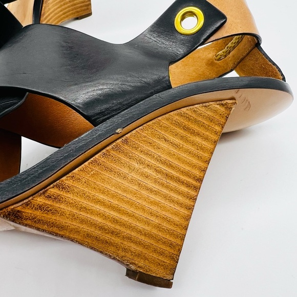 Chloe Black and Tan Wedge Slingback Sandals with Leather Cross-Strap Est SZ 10 - Picture 13 of 15